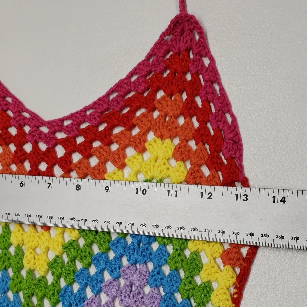 Color Block Open Knit Tassel Tie Backless Knot Waist Cami Romper Women's Size 6 - Picture 10 of 13